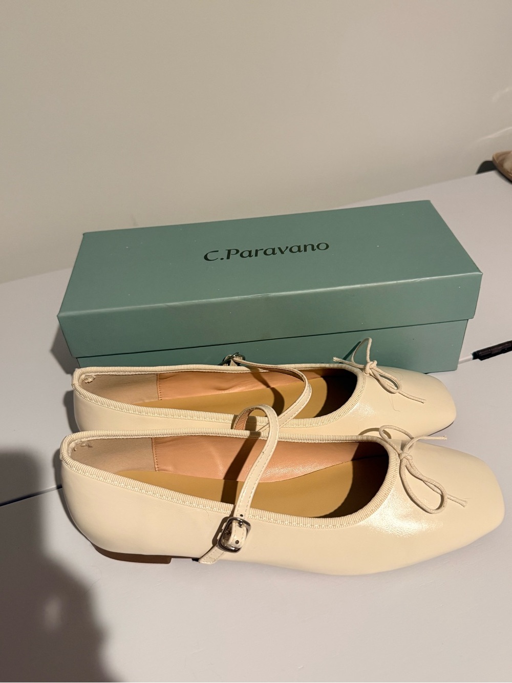 C.Paravano Clara White Bow Mary Jane Ballet Flats EU 38.5 US 8